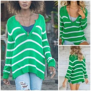 Wooden Ships Margot striped v-neck sweater green white open knit oversized M/L